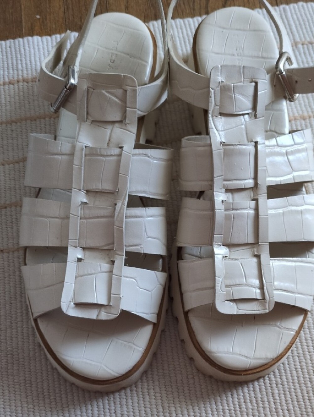Freda Salvador White Croc-Embossed Strappy Fisherman Sandals